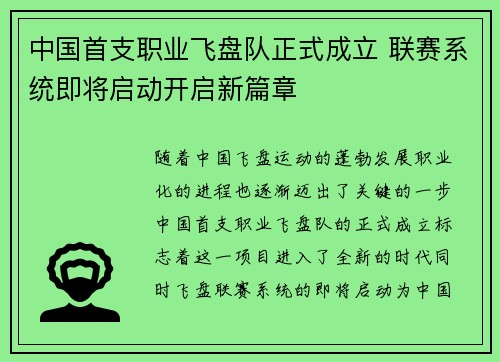 中国首支职业飞盘队正式成立 联赛系统即将启动开启新篇章