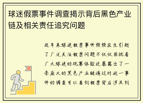 球迷假票事件调查揭示背后黑色产业链及相关责任追究问题
